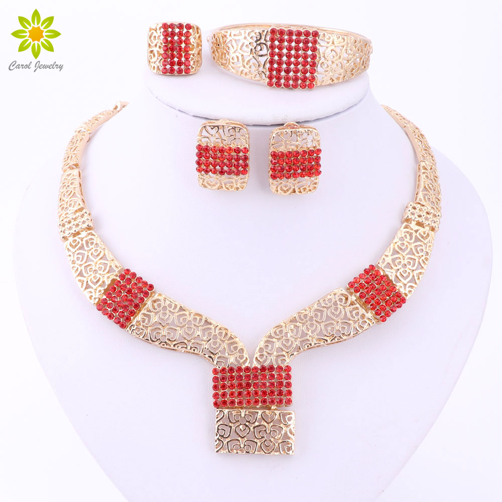 

African Jewelry Sets Fine Women Wedding 18K Gold Plated Crystal Necklace Set Fashion Bridal Ring Bracelet Earrings Accessories