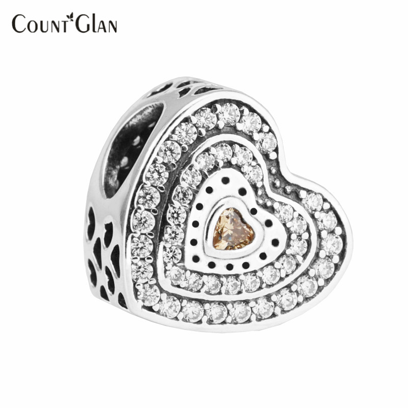 2017 Spring New Lavish Heart Charm Beads For Jewelry Making 100% 925 Sterling Silver Golden Heart CZ Stone European Bead-image-404030590