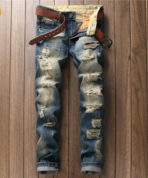 

European Style Men Jeans Holes Frazzle Jeans Mens Casual Leisure Denim Long Pants Light Blue, As pic