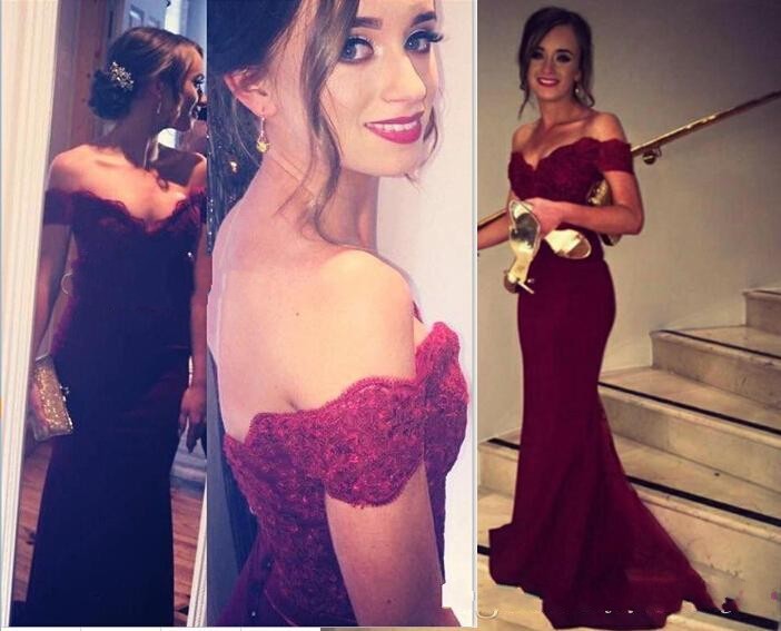 

2017 Cheap Hot Long Bridesmaid Dresses Off Shoulder Mermaid Burgundy Lace Appliques Maid of Honor Sheer Skirt Bridal Wedding Guest Gowns