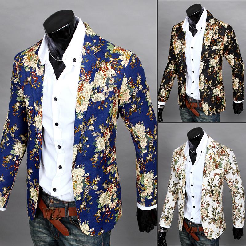 

Wholesale- Men Floral Casual Slim Blazers 2017 New Arrival Fashion Party Single Breasted Men Suit Jacket Stage Costumes For Singers, Black