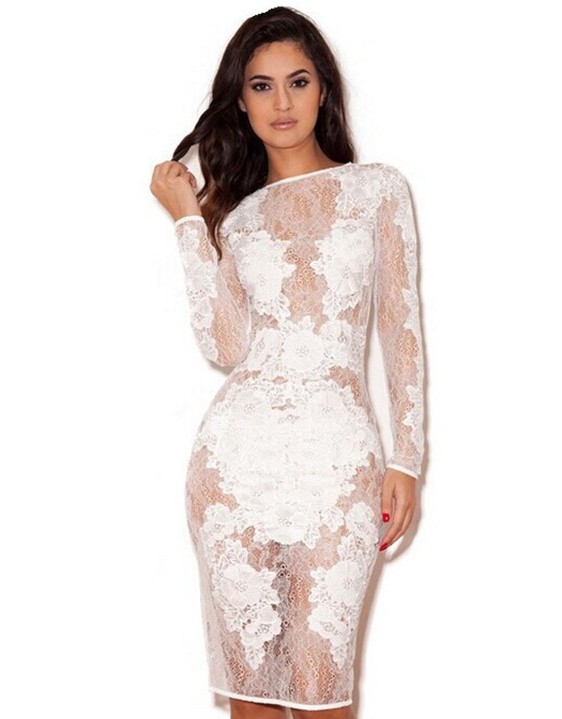 Nouvelle Arrivée Populaire Livraison Gratuite Maille D'été De Mode Blanc Dentelle Stretch À Manches Longues Sexy Dress W850328B