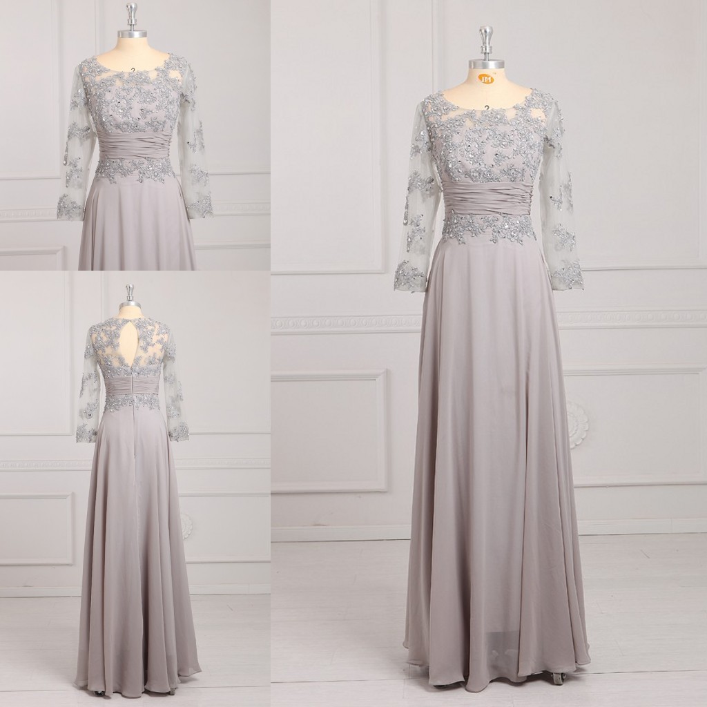 

Plus size Sliver Long Sleeves Mother of the Bride Groom Dresses Chiffon Illusion Jewel Neck Applique Beaded Hollow Back Prom Evening Gowns