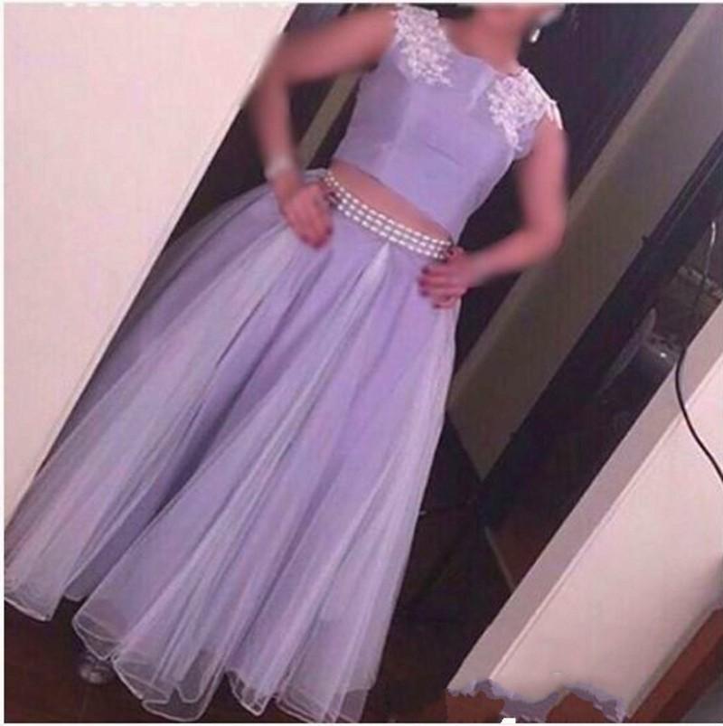 

Lavender Long Arabic Prom Dresses Long Two pieces style Applique Lace Crystal Crew Party Pageant Gown ankle Length Robe De Soiree, Blue