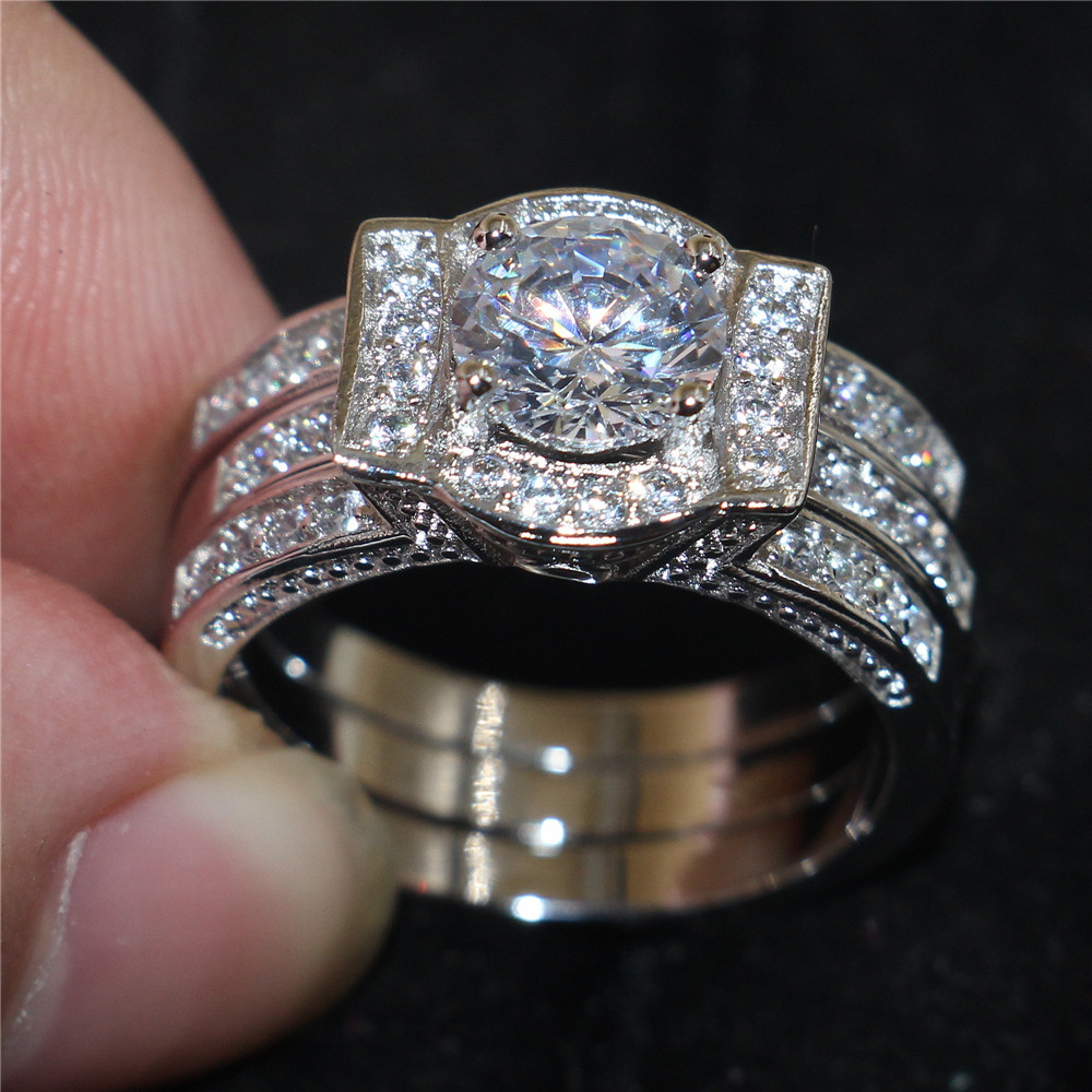 

Vintage 10KT white gold filled Rings Finger Lady Simulated Diamond CZ Cocktail Gemstone Ring sets Engagement Wedding Bride Jewelry for Women