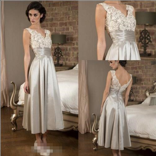 

Sexy V Neckline Lace Mother of The Bride Dresses Elegant Tea Length A-Line Evening Gowns Plus Size Custom Made Cheap Prom Party Gowns