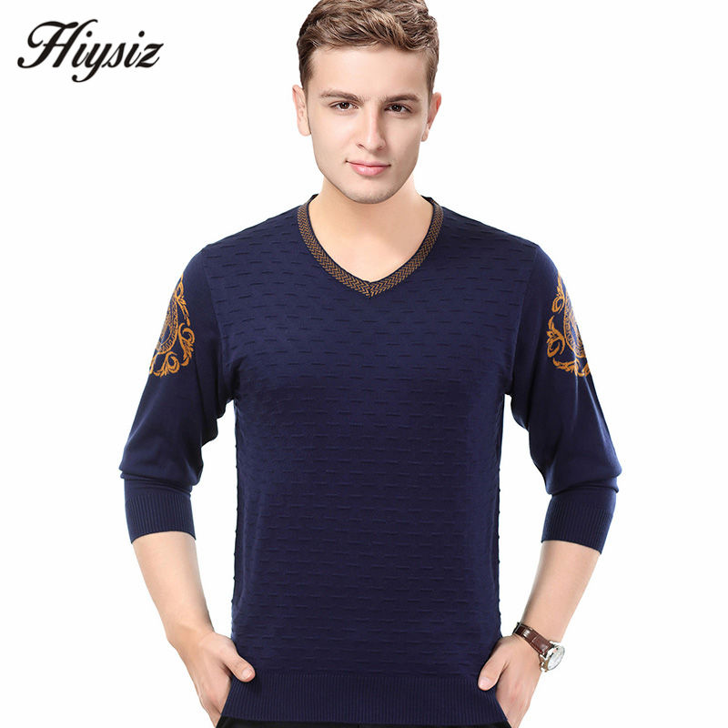 

Wholesale-High Quality Autumn Winter New Warm Cashmere Sweater Men Knitted Wool Pullover Men Brand Clothing Casual V-Neck Pull Homme 66147, Navy blue