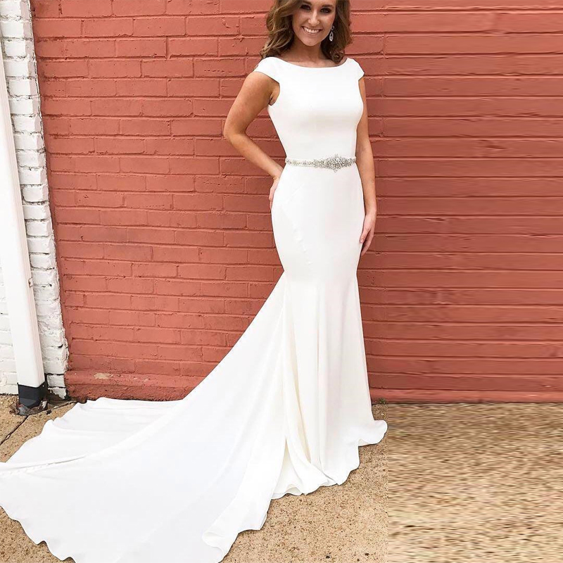 

Elegant White Mermaid Satin Evening Dresses Scoop Neck Cap Sleeves Crystal Sashes Custom Made Evening Gowns Formal Evening Dresses, Dark navy