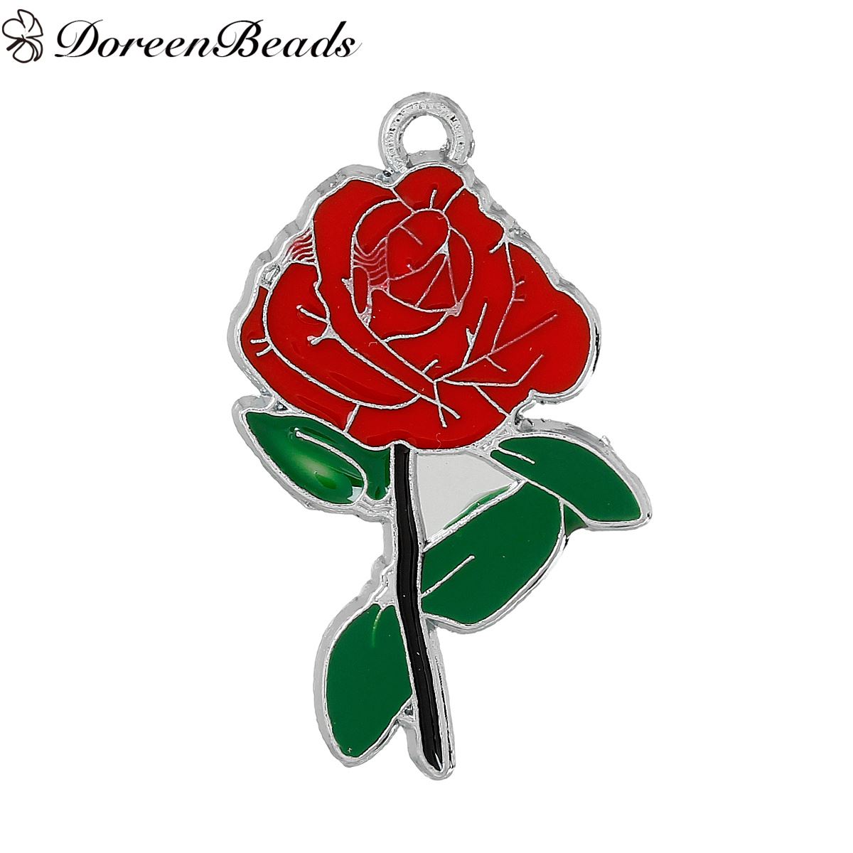 Zinc Metal Alloy Pendants Rose Flower Silver Tone Red & Green Enamel 3.6cm(1 3/8") x 2.1cm(7/8"), 10 PCs 2016 new Free shipping jewelry ma