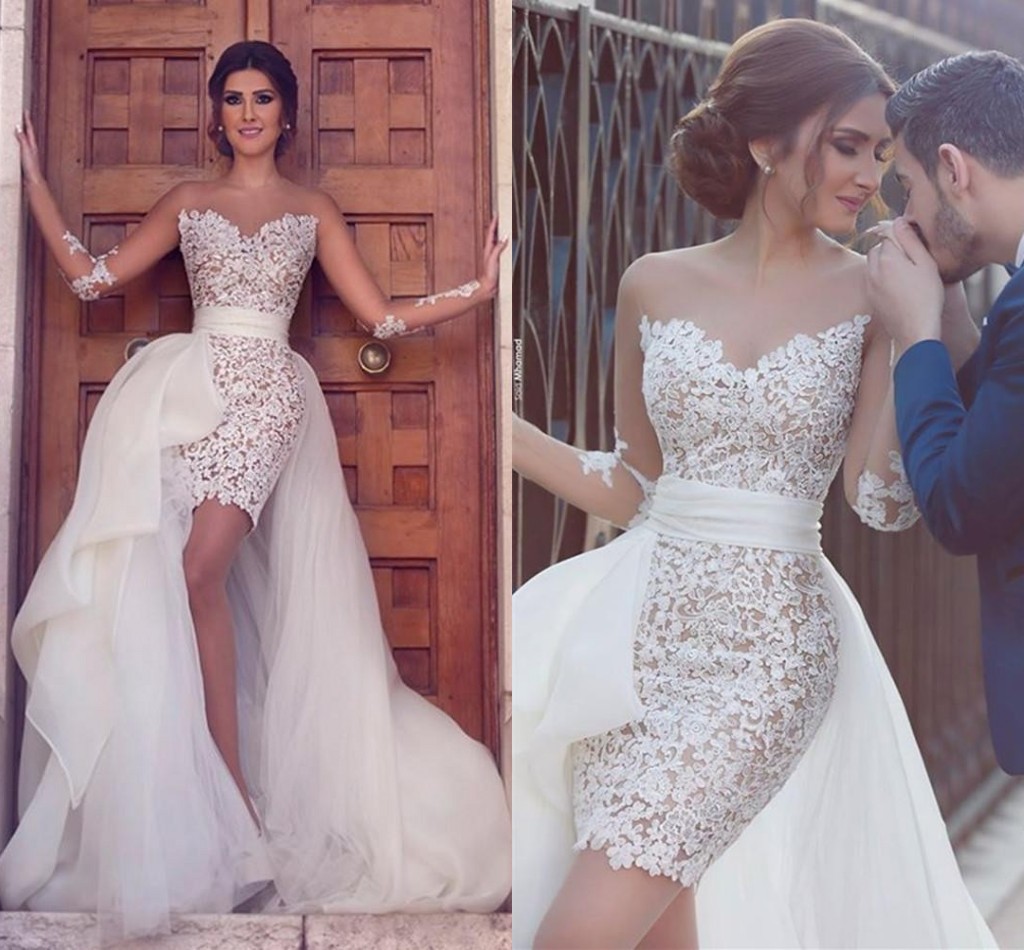 

2017 Arabic Sexy Short Wedding Dresses A Line Jewel Neck Illusion Long Sleeves Lace Appliques Hi Lo Overskirts Plus Size Formal Bridal Gowns, White