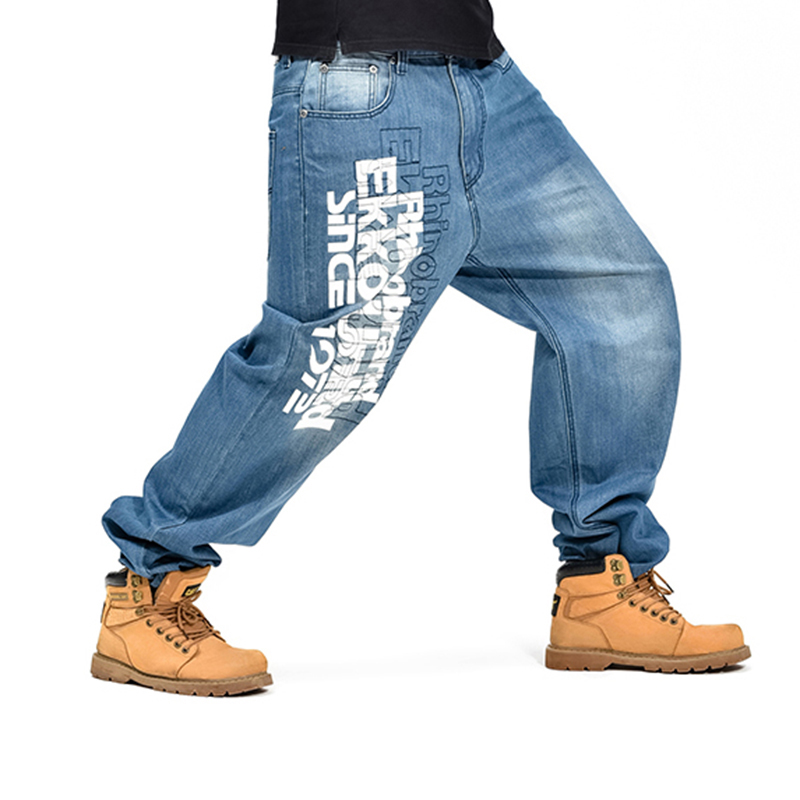 

Letters Pattern Men's Pants Blue Baggy Jeans Skateboard Denim Hip Hop Pants, Black