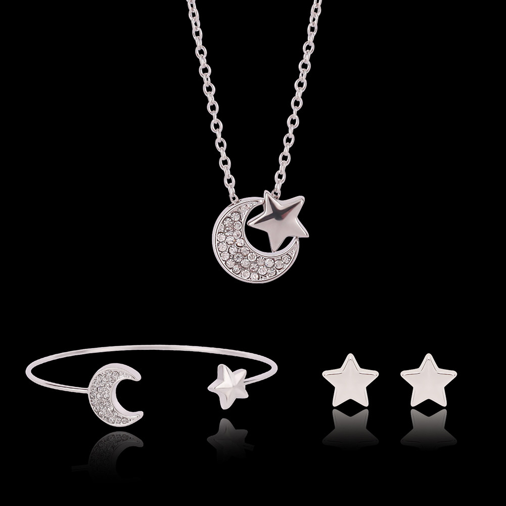 

Necklace Earrings Bangle Jewelry Set Exquisite Brief Fashion Women Rhinestone White Gold Plated Moon & Star Party Jewelry 2-Piece Set JS289