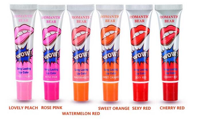 

DHL FREE WOW liquid lipstick Long Lasting Lip gloss 6 colors Romantic Bear Lipgloss waterproof Magic Peel Off Lips Tint, Mixed color