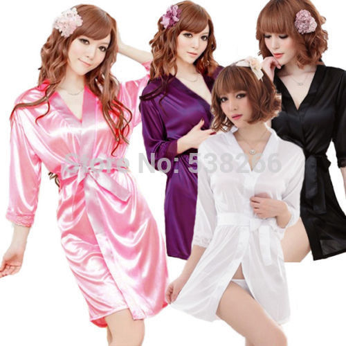 

Wholesale-Free shipping Sexy SILK and LACE Kimono Dress Gown Bath Robe Babydoll Lingerie+G-string #lgf, Black
