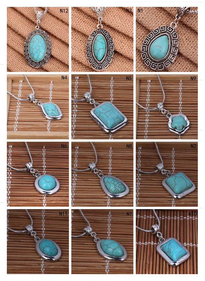

Round Tibetan silver turquoise necklace(with chain) 12 pieces a lot mixed style,fashion women's DIY European Beads pendant necklace GTTQN1