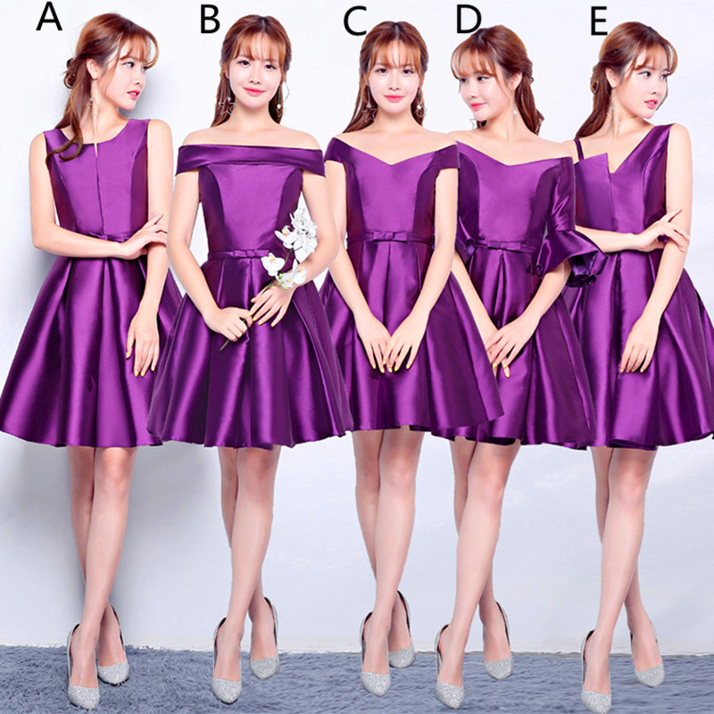 Satin Short Bridesmaid Dresses Lace Up 2019 Knee Length Ball Gown Wedding Guest Dresses Purple Red Silver