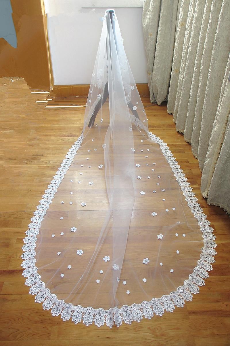 

New Vintage 1T Lace Applique Sequin Edge Flower Appliques Without Comb Lvory White Wedding Veil Cathedral Bridal Veils 3M Length