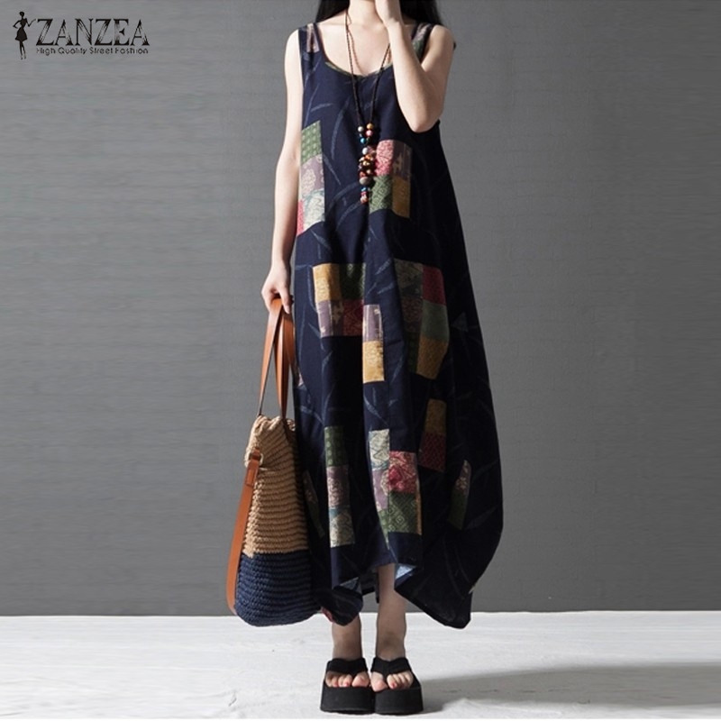 Gros-Femmes Casual Loose Dress 2016 ZANZEA D'été Sans Manches Vintage Imprimé Longue Maxi Linge De Plage Robes De Plage Robe Robes