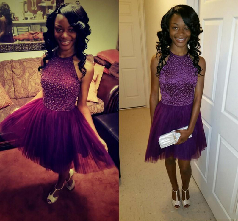 

2017 Fast Shipping Short Purple Homecoming Dresses A Line Halter Beaded Pleats Backless Tulle Mini Party Prom Dresses Modest Cocktail Dress