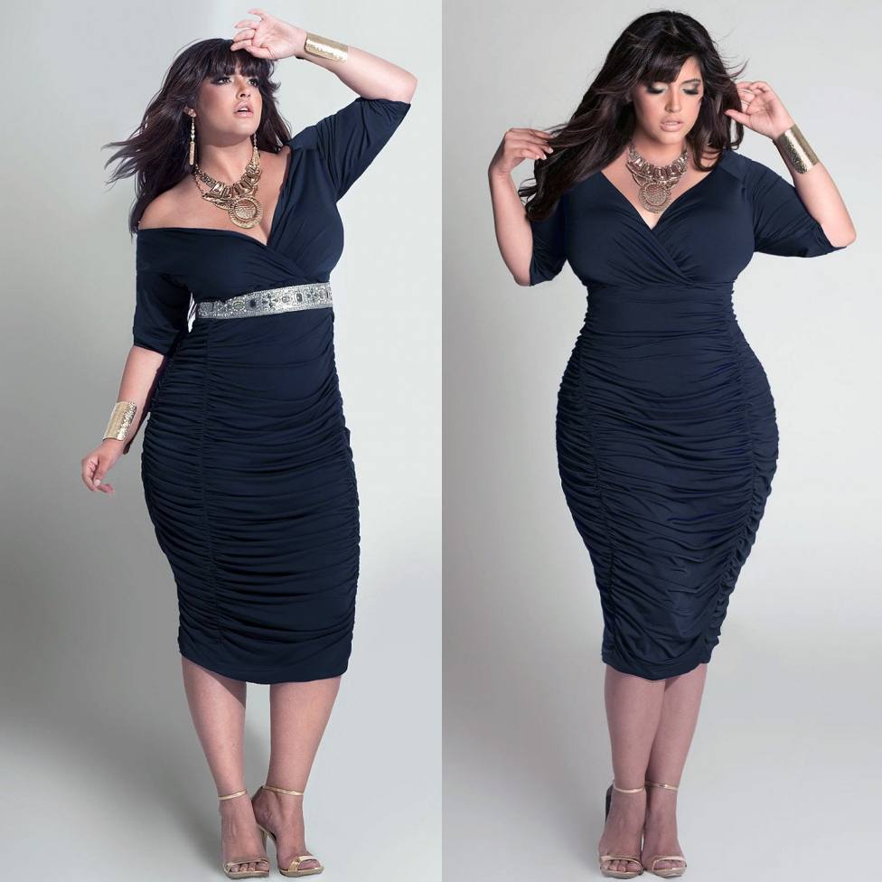 

Stunning Plus Size Ruched Evening Dresses With Half Sleeves V-Neck Tea Length Evening Gowns Sheath Dark Navy Short Formal Dress, Silver