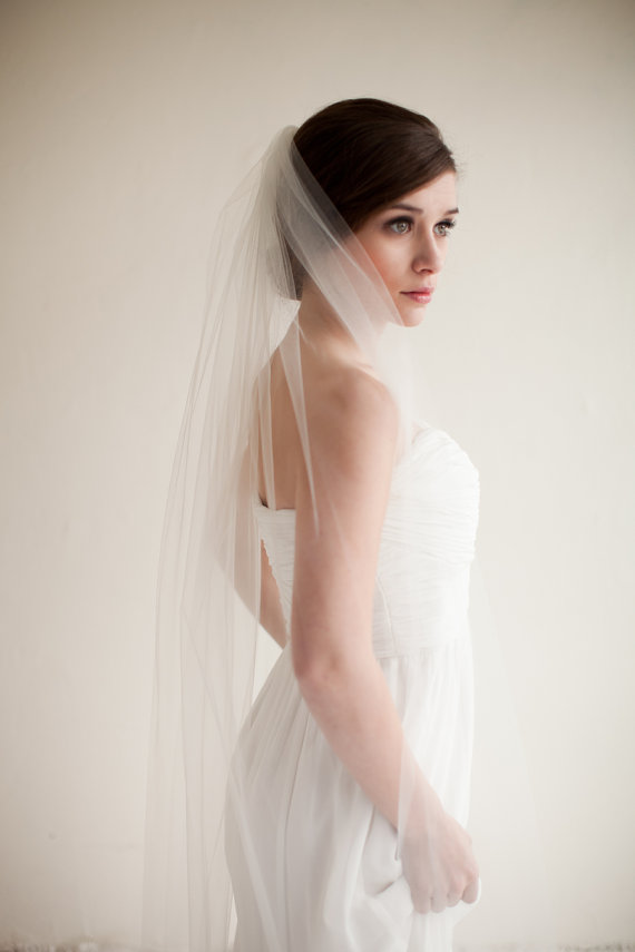 

One layer Wedding Veil White Ivory Champagne Bridal Veil Waltz Length Cut Edge Tulle with comb 155a