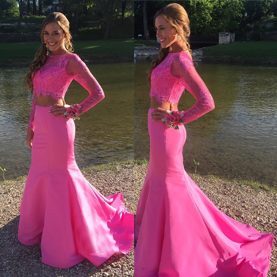 

Mermaid Cute Two-Piece Long-sleeve Lace Prom Dress Jewel Neckline Pink Taffeta Evening Dress vestidos para formatura, Gold