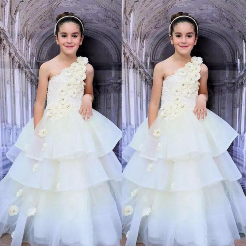 

Ivory Flora One Shoulder Girls Pageant Gowns Lace And Organza Tiered Flower Girl Dresses For Wedding Children Prom Party Dress Custom Made, Royal blue