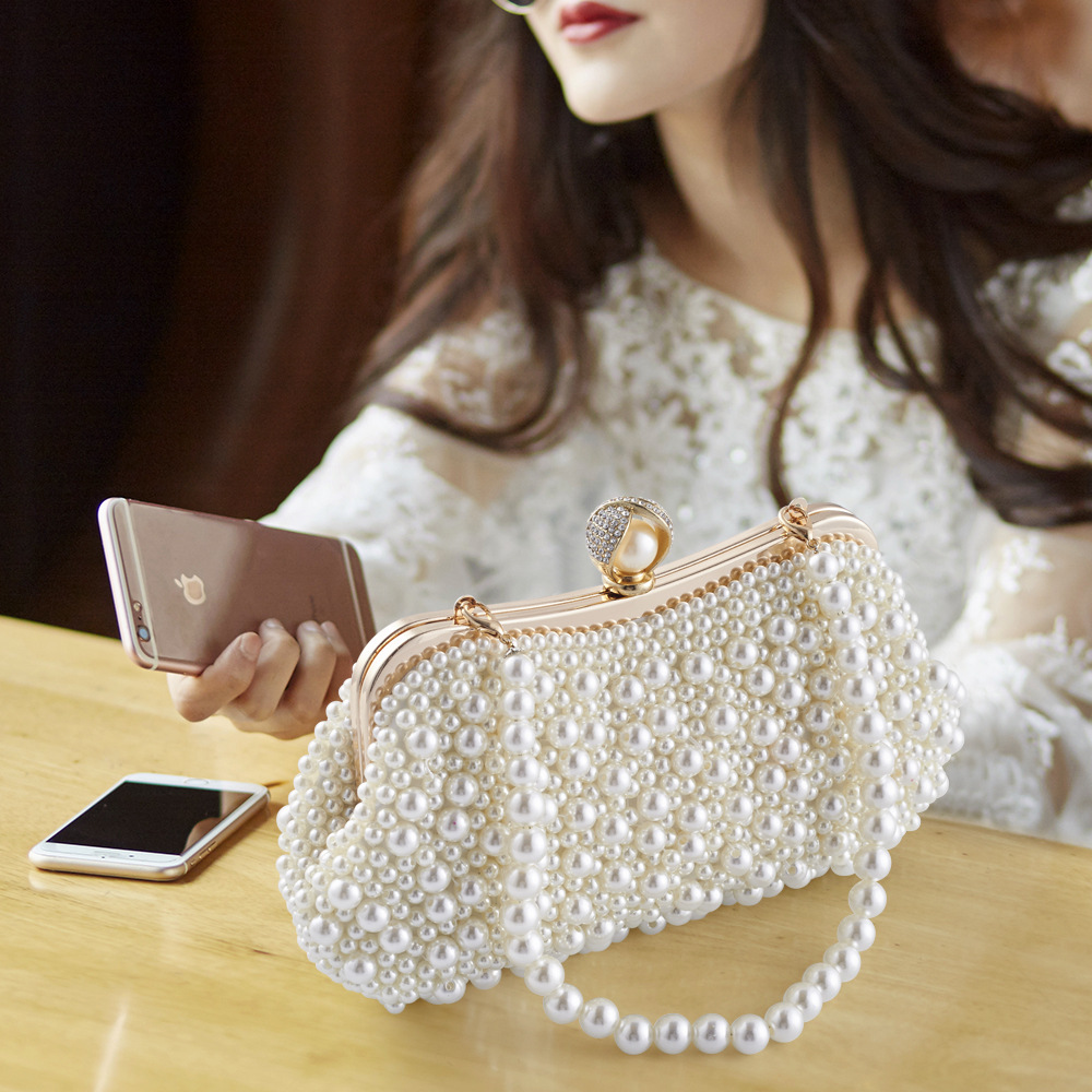 

Fashion hand pure boutique wedding bride pearl handbag dinner dress dress bag oblique cross package