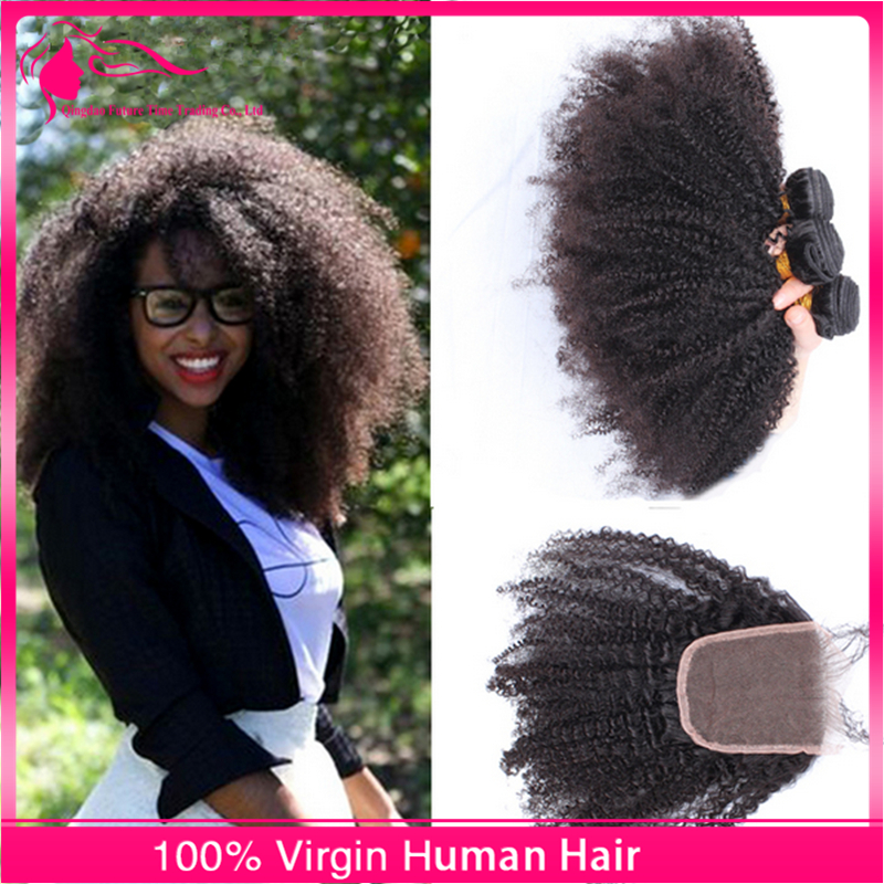 

Afro Kinky Curly Hair Bundles With Lace Closure 4Pcs/Lot Virgin Human Hair 4x4 Lace Closure With Hair Extensions For Black Woman, Natural color
