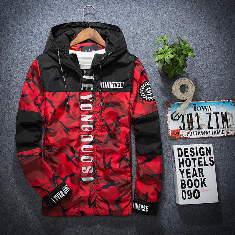 

2019 Spring Autumn Korea Style Loves Camo Thin Windbreaker Jacket Teenager Camouflage Windbreaker Coats Men's Hooded Fashion Windbreaker, Red