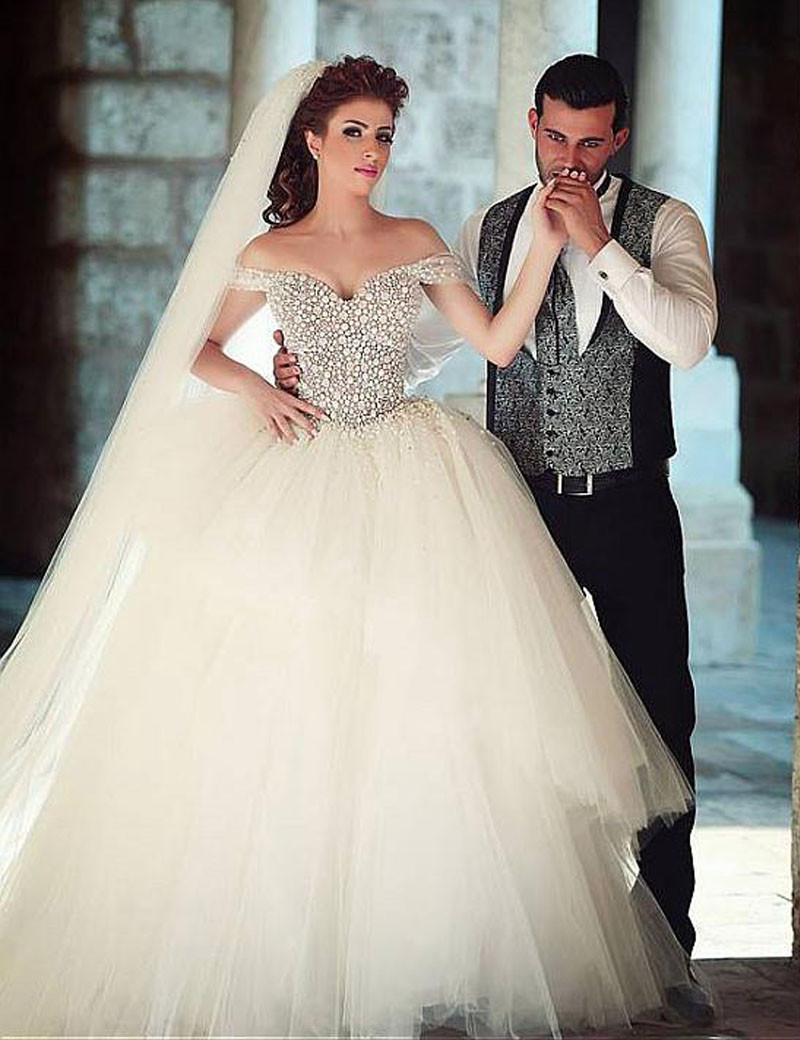 

2018 Luxury Pearls Beaded Wedding Dresses with Back Corset Arabic Dubai Sheer Tulle Ball Gown Modest Bridal Gowns Vestidos De Festa, Ivory
