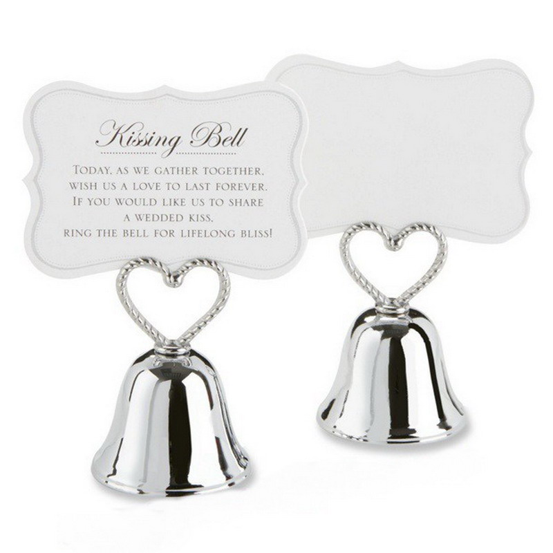 

Wedding Favors Heart Bell Place Card Holder Silver Metal Kissing Place Photo Holders