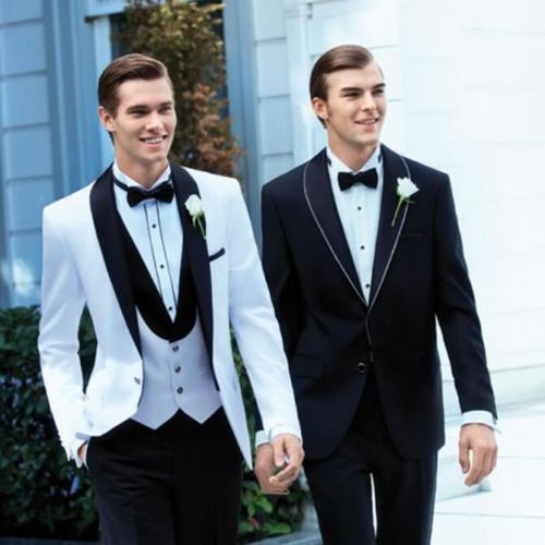 Wholesale- 2017 Custom Made Handsome White Jacket Black Pants 3 Piece Mens Slim Suits Tuxedos Groom Wedding Suits Formal Party Suits