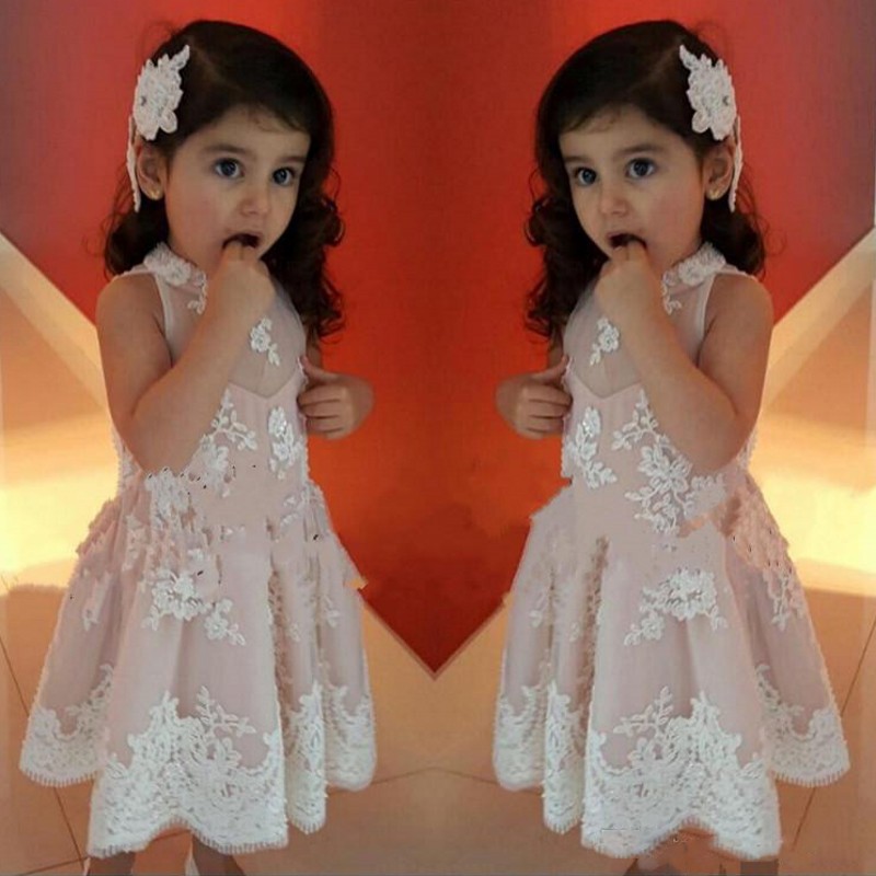 

Blush Pink Flower Girl Dresses For Wedding Lace Appliques High Neck Sleeveless Girls Pageant Gowns Tea Length Baby Birthday Party Dress, Blue