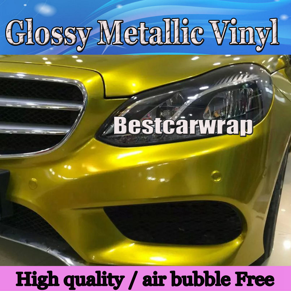 Film d'emballage en vinyle métallisé doré brillant Air Release Full Car Cover Candy Yellow Car Styling Feuille d'emballage brillante Taille: 1.52