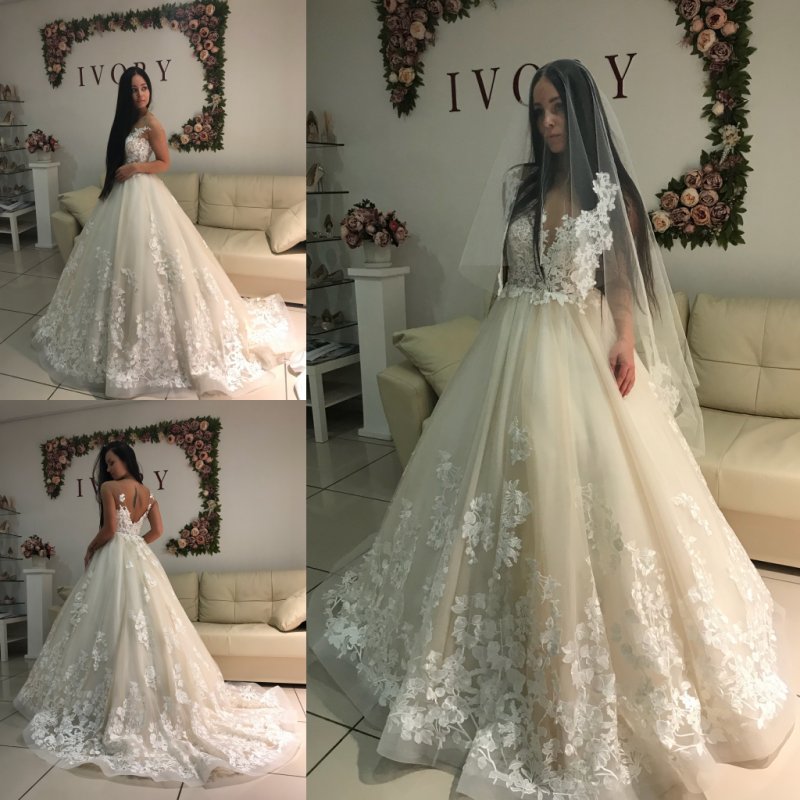 

New Arrival Lace Backless Wedding Dresses A Line Sheer V Neck Bridal Gowns Sweep Train Tulle Open Back Vestido De Novia, Pink