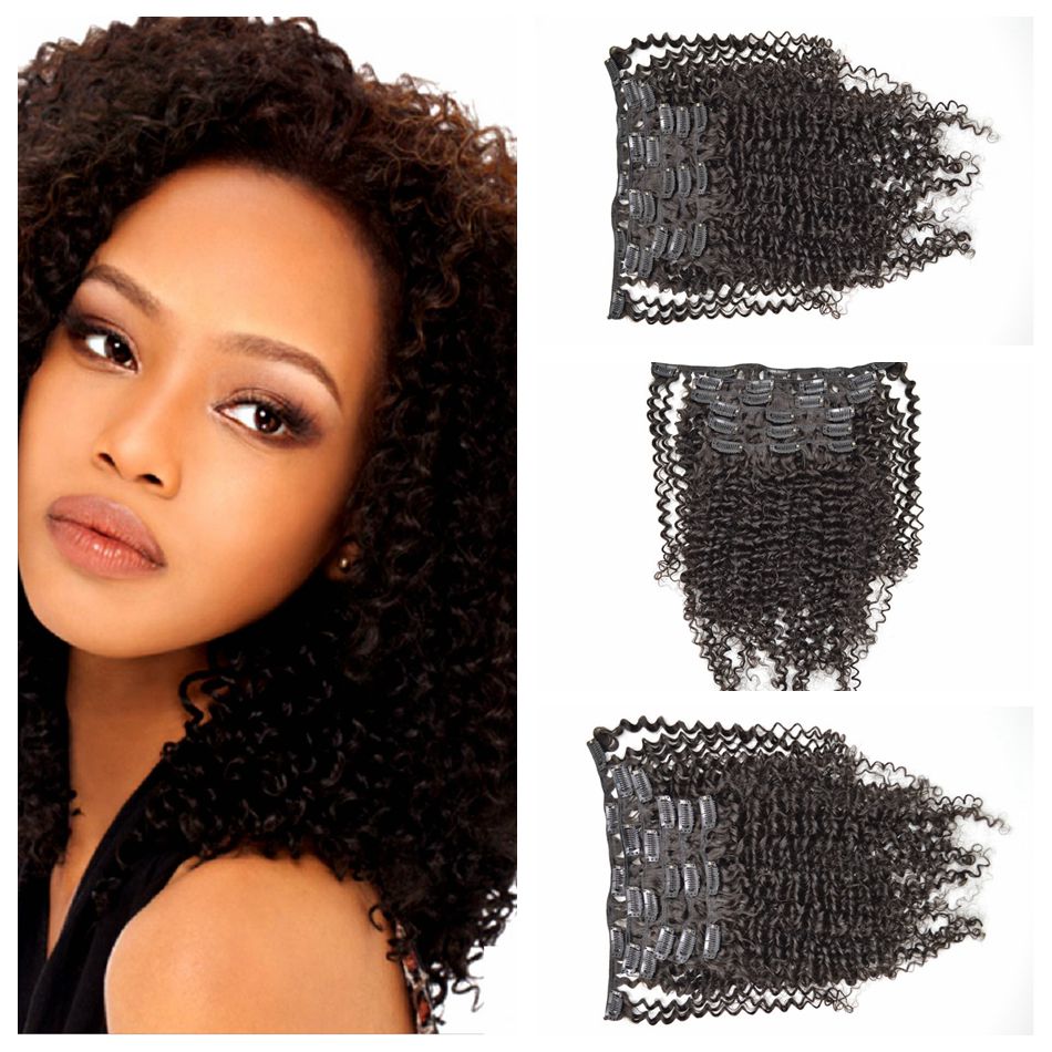 

7pcs/set Clip In/On Hair Extensions afro kinky curly hair weaves Indian Human Hair 120g/set natural Black G-EASY