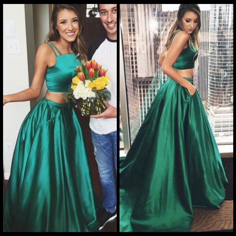 

2017 Emerald Green Long Prom Dresses 2 Pieces Satin A Line Spaghetti Floor Length Prom Dress Formal Women Special Occasion Evening Party Wea, Red
