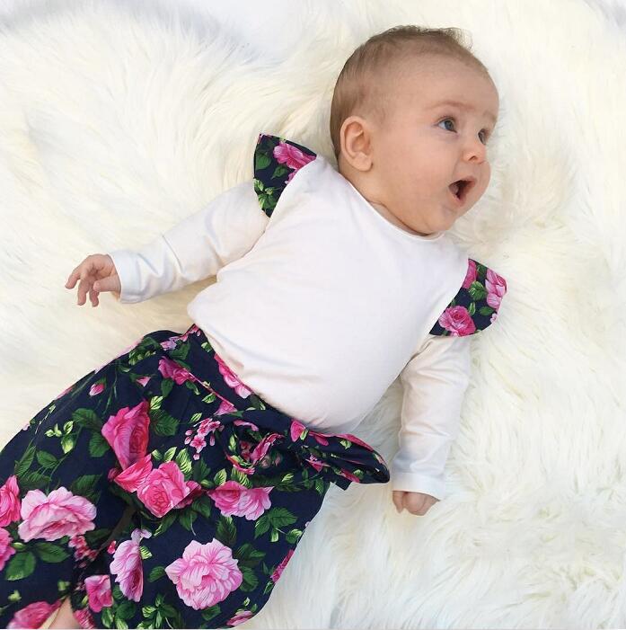 

2017 Infant spring winter Flying Sleeve romper tops & baby ins Flower Pants & infant flower bow headband 3pcs Baby Outfits, As pic
