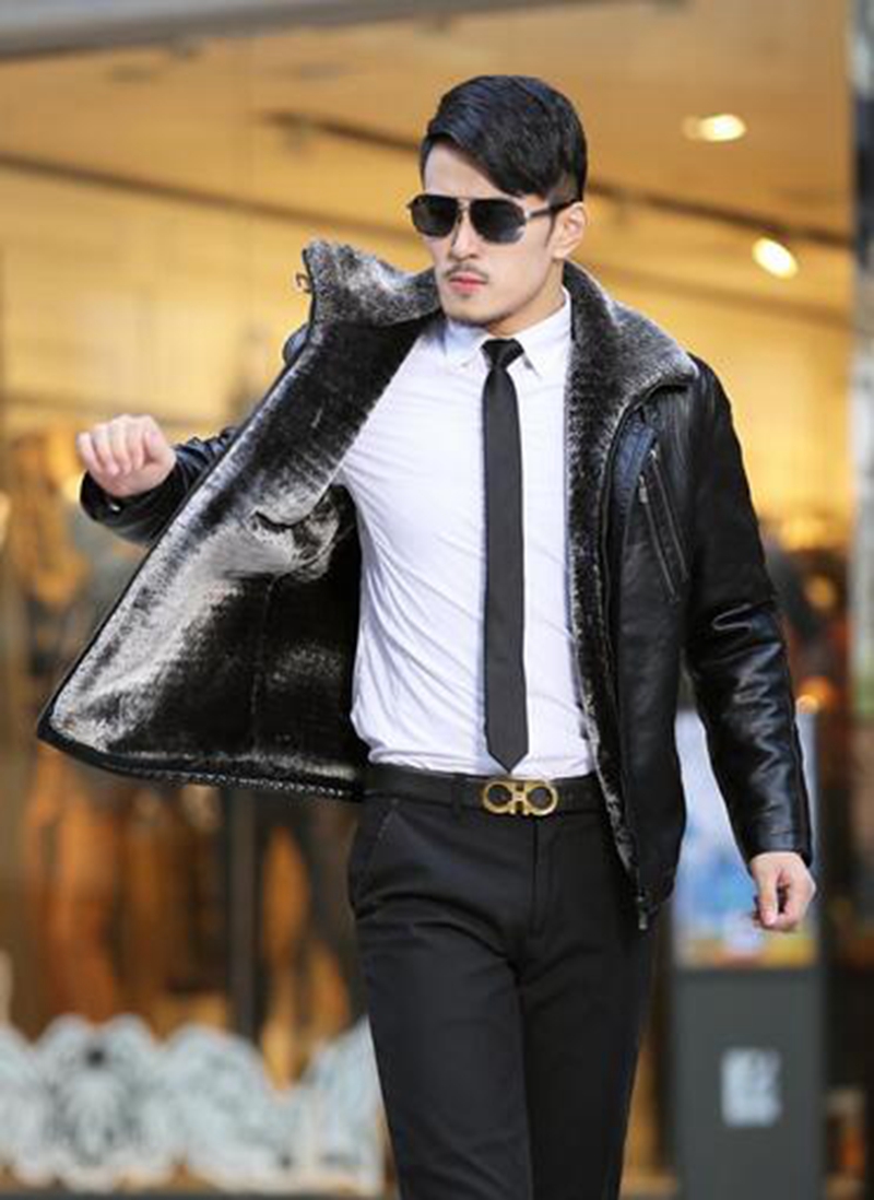 

Men in the winter sheepskin leather clothing wool one piece Berber fleece lining medium long outerwear leahter jacket coat / -5xl, Black