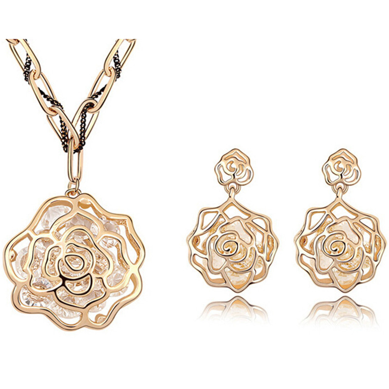 

Dubai Jewelry Sets 18k Gold Plated Vintage Necklace Earrings Rhinestone Antique Rose Flower Long Chain Necklace Pendants Vintage 6663, Silver