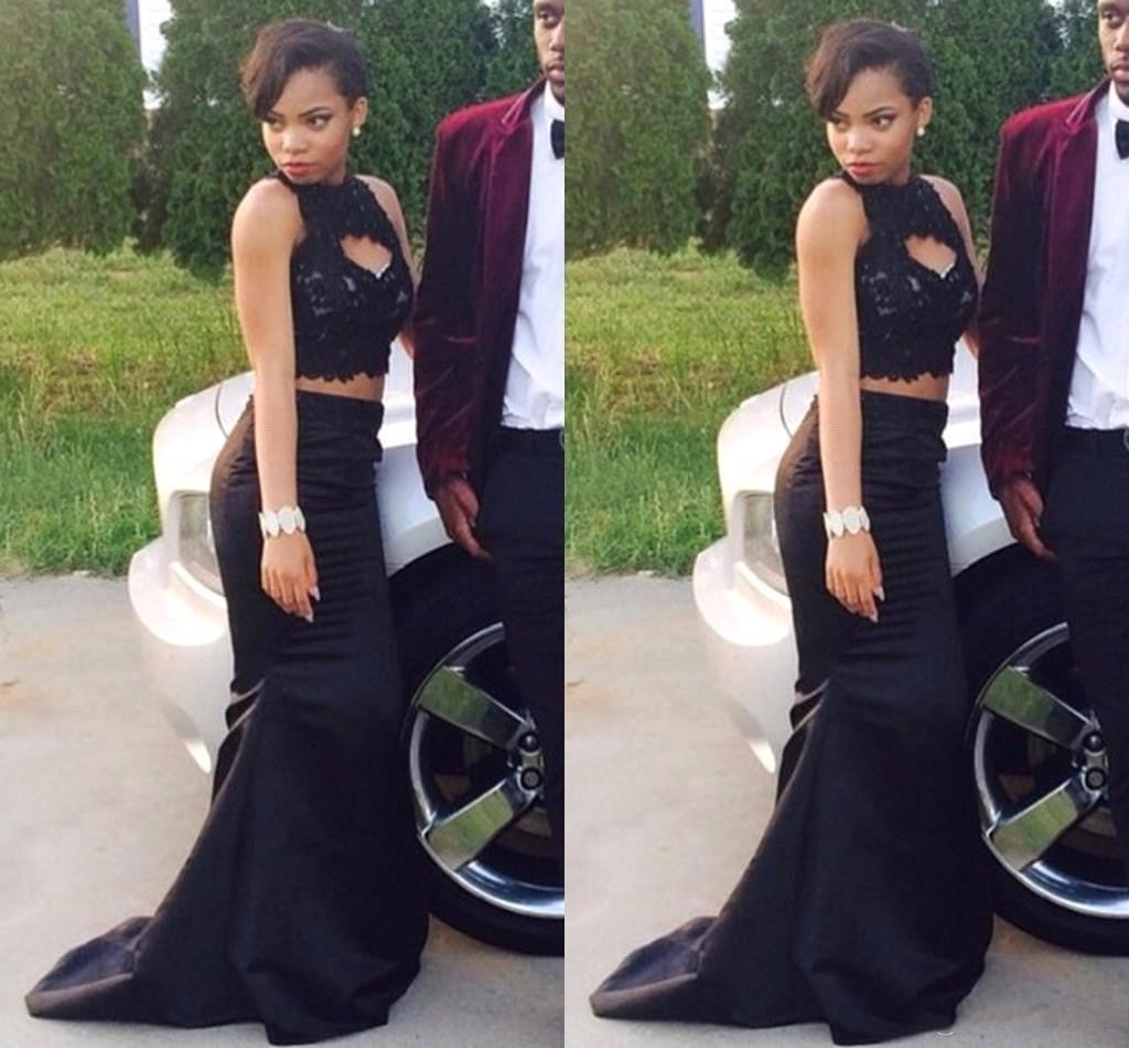 

Black Mermaid Two Piece Prom Dresses 2016 Crew Satin Robe De Soiree Applique Lace Formal Party Evening Gowns, Orange