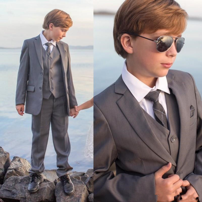 

Handsome Three Pieces Boys Suit Formal Wear With Jacket+Waistcoat+Pants Little Gentleman Grey Color Kids Tuxedos Custom Made, Ivory