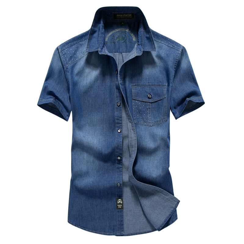 

Wholesale-2016 Newest Summer Men's Fashion Denim Shirts Man Short Sleeve Navy Blue Plus Size XXXL 4XL Jeans Shirt