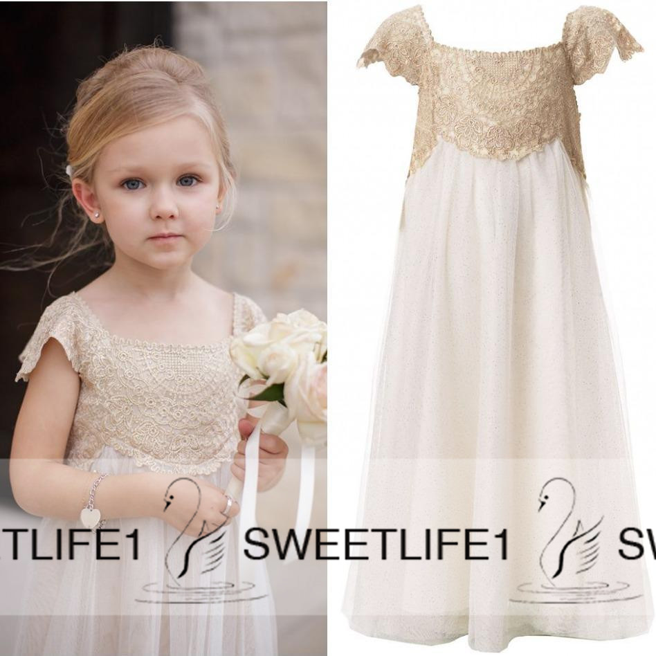 

Cap Sleeves Vintage Flower Girls Dresses for Bohemian Wedding Little Kid Cheap Empire Waist Champagne Lace and Ivory First Communion Gowns