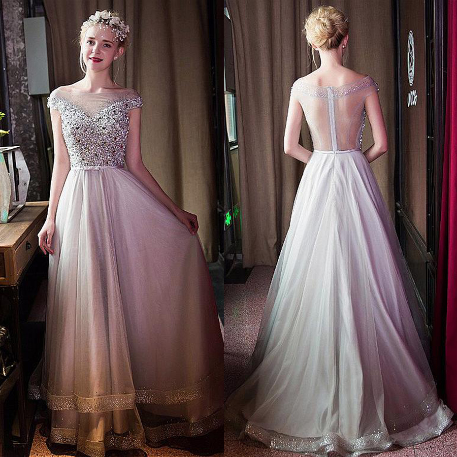 

Sheer Crystals Bateau Neckline A-line Prom Dresses With Beading Illusion Back Grey Tulle Evening Dresses vestidos de fiesta largos 2015, Silver
