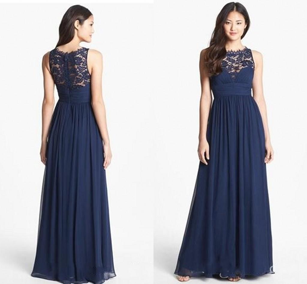 Navy Blue Chiffon Long Bridesmaid Dresses Lace Floor Length Empire Waist Jewel Neckline Sheer Zipper Back Honor Bridal Maid Gowns