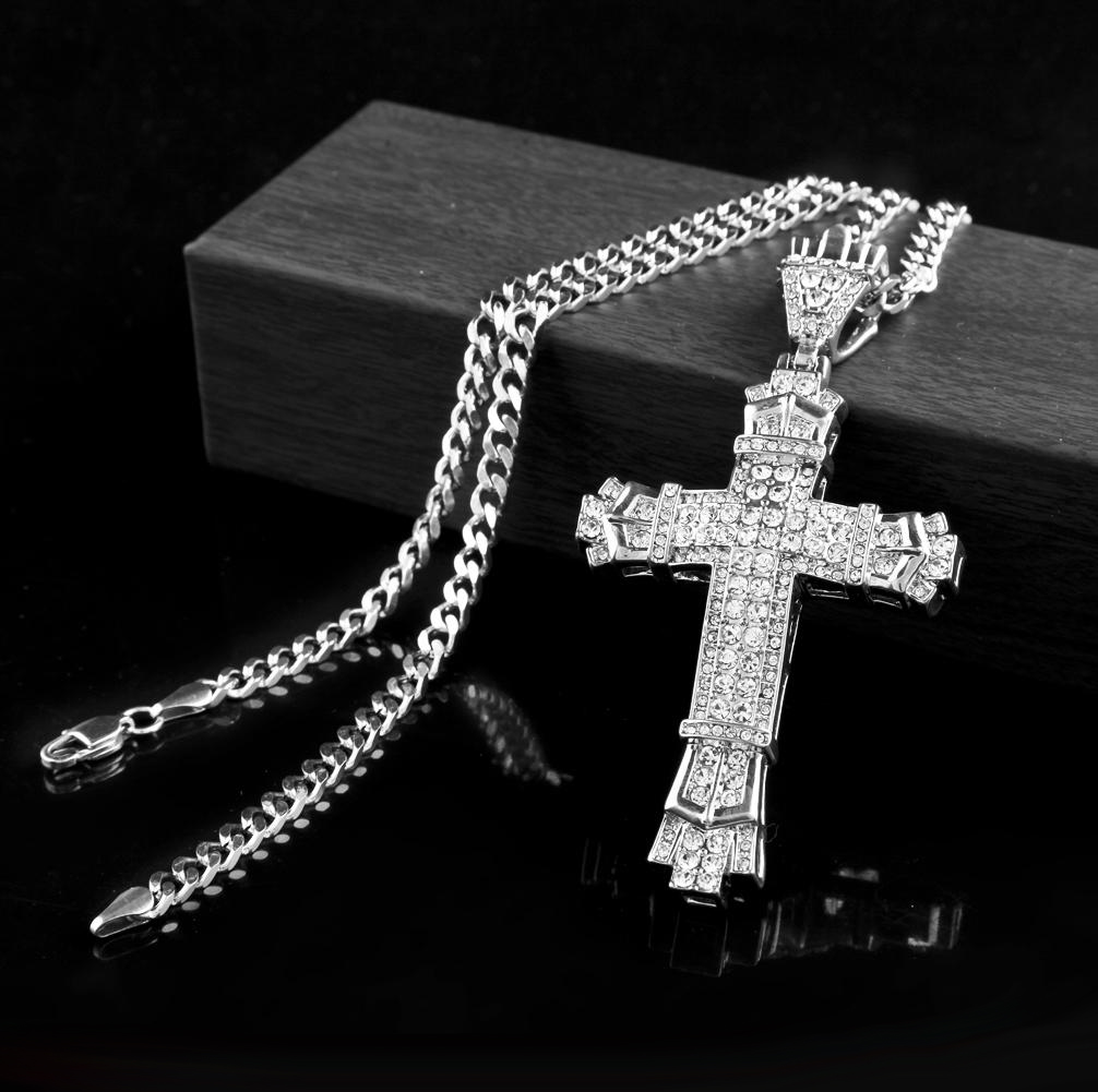 

Silver hip hop Cross Charm Pendant Full Ice Out CZ Simulated Diamonds Catholic Crucifix Christian Pendant Necklace With Long Cuban Chain