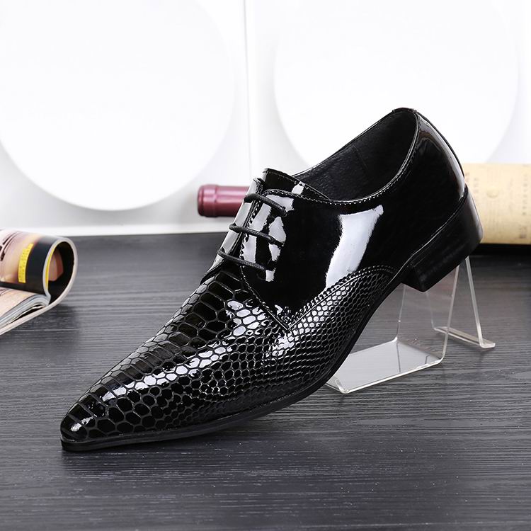 

New Arrival Fashion Men Black Dress Shoes Pointed Toe Python Snake Pattern Lace Up Patent Leather Shoes Man For Party 38-46