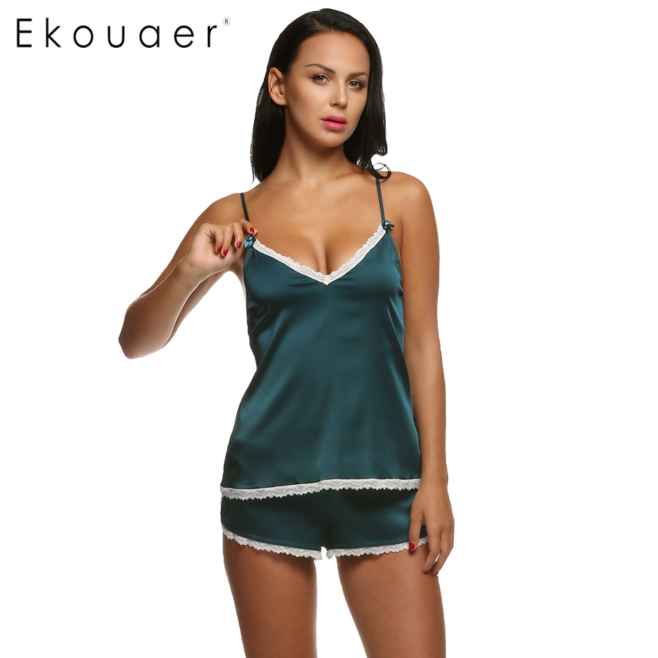 

Wholesale-Ekouaer Women Clothes for Summer Shorts Sets V-Neck Sleepwear Satin Pajama women's Pajamas Spaghetti Strap Lace Sexy Pajama, Green